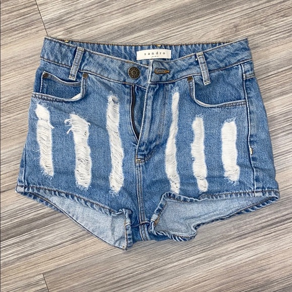 Sandro Paris High waisted Ripped Denim shorts sz36